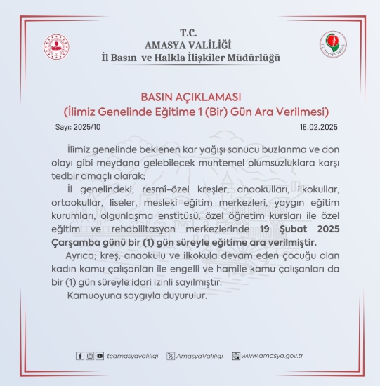 Amasya okullar tatil mi SON DAKİKA? Amasya okul yok mu (Amasya Valiliği KAR TATİLİ AÇIKLAMASI)?