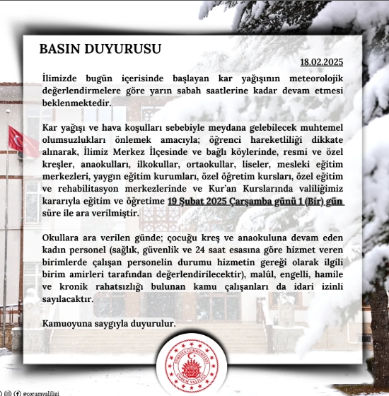 Çorum okullar tatil mi SON DAKİKA? 19 Şubat Çarşamba Çorum okul yok mu (Çorum Valiliği KAR TATİLİ AÇIKLAMASI)? Çorum okullar tatil mi SON DAKİKA? 19 Şubat Çarşamba Çorum okul yok mu (Çorum Valiliği KAR TATİLİ AÇIKLAMASI)?