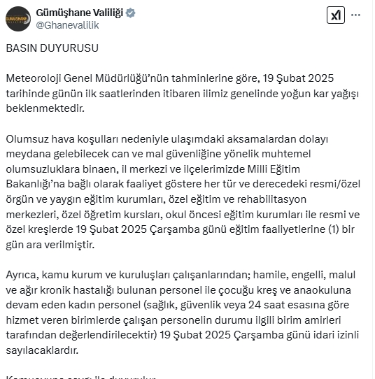 Gümüşhane okullar tatil mi SON DAKİKA? 19 Şubat Çarşamba Gümüşhane okul yok mu (Gümüşhane Valiliği KAR TATİLİ AÇIKLAMASI)?
