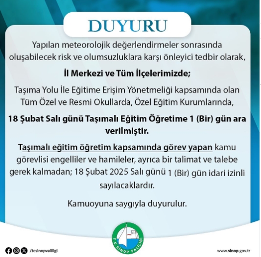Sinop okullar tatil mi SON DAKİKA? Sinop okul yok mu (Sinop Valiliği KAR TATİLİ AÇIKLAMASI)?