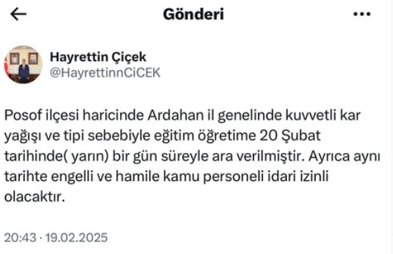 Ardahan okullar tatil mi SON DAKİKA? 20 Şubat Perşembe Ardahan okul yok mu (Ardahan Valiliği Açıklaması – KAR TATİLİ)?