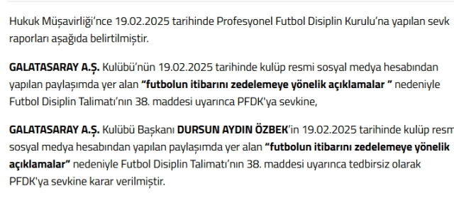 Dursun Özbek neden PFDK'ya sevk edildi? Galatasaray neden PFDK'ya sevk edildi?