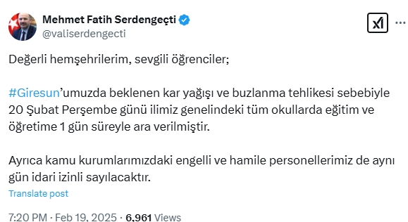 Giresun okullar tatil mi SON DAKİKA? 20 Şubat Perşembe Giresun okul yok mu (Giresun Valiliği Açıklaması – KAR TATİLİ)?
