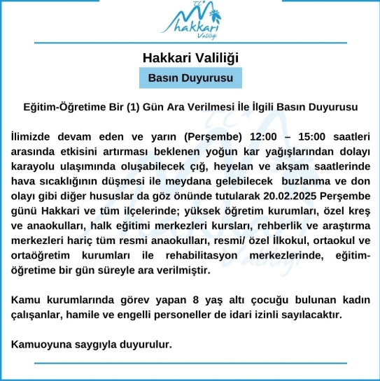 Hakkari okullar tatil mi SON DAKİKA? 20 Şubat Perşembe Hakkari okul yok mu (Hakkari Valiliği Açıklaması – KAR TATİLİ)?