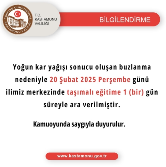 Kastamonu okullar tatil mi SON DAKİKA? 20 Şubat Perşembe Kastamonu okul yok mu (Kastamonu Valiliği Açıklaması – KAR TATİLİ)?