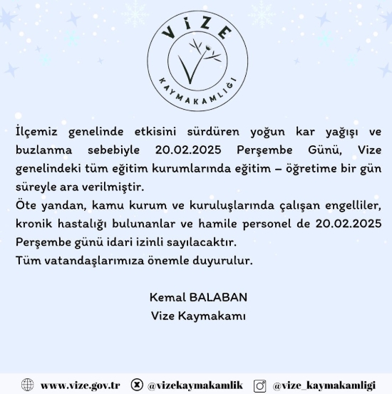Kırklareli okullar tatil mi SON DAKİKA? 20 Şubat Perşembe Kırklareli okul yok mu (Kırklareli Valiliği Açıklaması – KAR TATİLİ)?