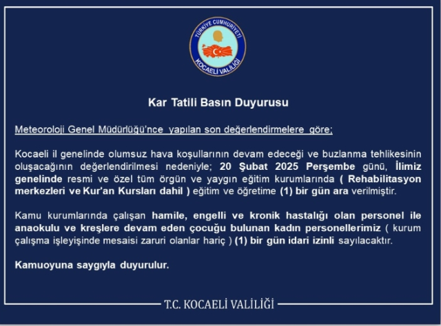 Kocaeli okullar tatil mi SON DAKİKA? 20 Şubat Perşembe Kocaeli okul yok mu (Kocaeli Valiliği Açıklaması – KAR TATİLİ)? Kocaeli okullar tatil mi SON DAKİKA? 20 Şubat Perşembe Kocaeli okul yok mu (Kocaeli Valiliği Açıklaması – KAR TATİLİ)?