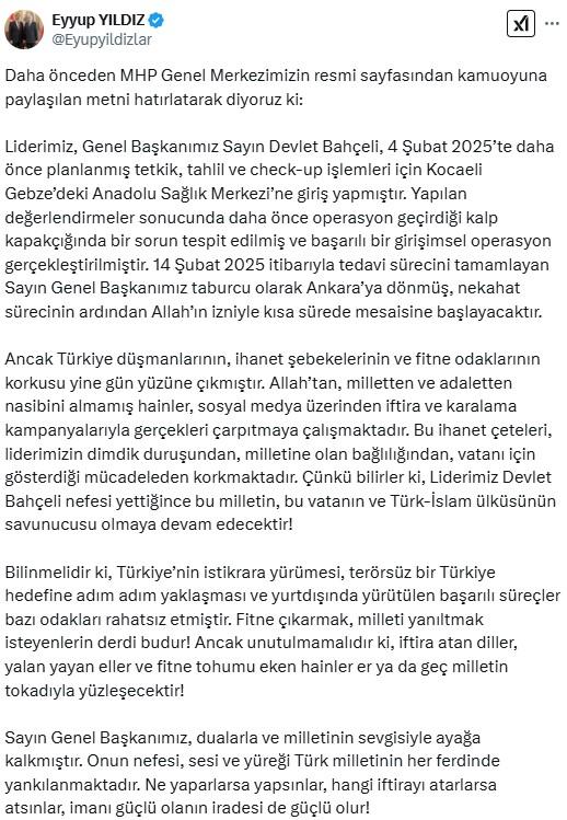 New statement regarding MHP leader Bahçeli's health status