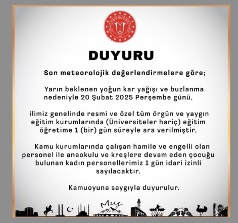 Muş okullar tatil mi SON DAKİKA? 20 Şubat Perşembe Muş okul yok mu (Muş Valiliği Açıklaması – KAR TATİLİ)? Muş okullar tatil mi SON DAKİKA? 20 Şubat Perşembe Muş okul yok mu (Muş Valiliği Açıklaması – KAR TATİLİ)?