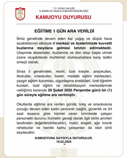 Sivas okullar tatil mi SON DAKİKA? 20 Şubat Perşembe Sivas okul yok mu (Sivas Valiliği Açıklaması – KAR TATİLİ)?