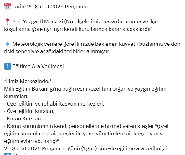 Yozgat okullar tatil mi SON DAKİKA? 20 Şubat Perşembe Yozgat okul yok mu (Yozgat Valiliği Açıklaması – KAR TATİLİ)?