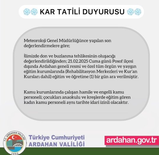 Ardahan okullar tatil mi SON DAKİKA? 21 Şubat Cuma Ardahan okul yok mu (Ardahan Valiliği Açıklaması – KAR TATİLİ)?