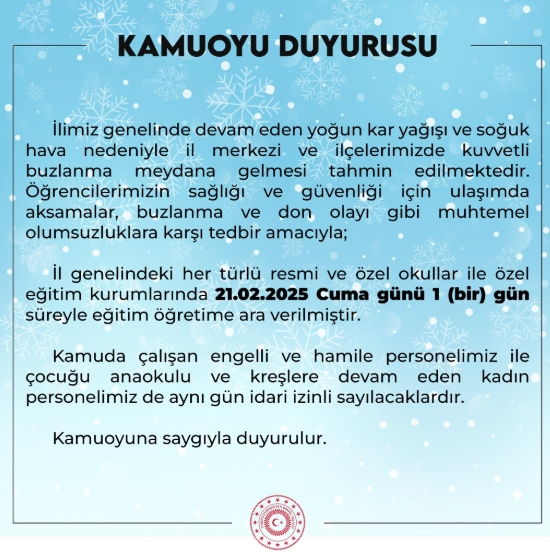 Bingöl okullar tatil mi SON DAKİKA? 21 Şubat Cuma Bingöl okul yok mu (Bingöl Valiliği Açıklaması – KAR TATİLİ)?