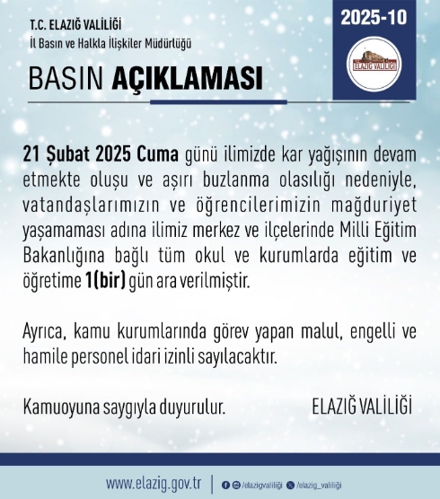 Elazığ okullar tatil mi SON DAKİKA? 21 Şubat Cuma Elazığ okul yok mu (Elazığ Valiliği Açıklaması – KAR TATİLİ)?