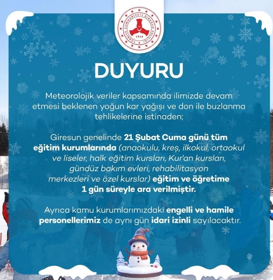 Giresun okullar tatil mi SON DAKİKA? 21 Şubat Cuma Giresun okul yok mu (Giresun Valiliği Açıklaması – KAR TATİLİ)?