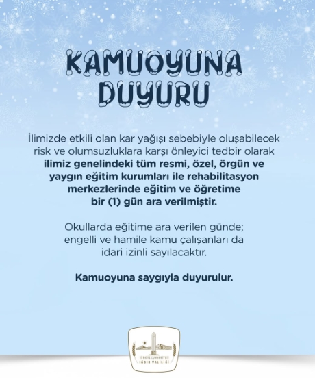 Iğdır okullar tatil mi SON DAKİKA? 21 Şubat Cuma Iğdır okul yok mu (Iğdır Valiliği Açıklaması – KAR TATİLİ)?