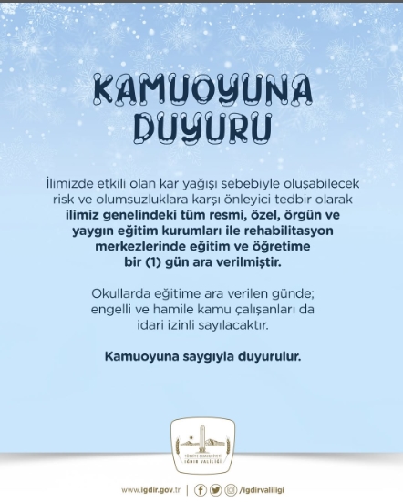Iğdır okullar tatil mi SON DAKİKA? 21 Şubat Cuma Iğdır okul yok mu (Iğdır Valiliği Açıklaması – KAR TATİLİ)? Iğdır okullar tatil mi SON DAKİKA? 21 Şubat Cuma Iğdır okul yok mu (Iğdır Valiliği Açıklaması – KAR TATİLİ)?