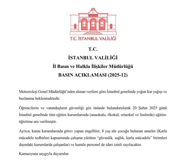 İstanbul okullar tatil mi SON DAKİKA? 20 Şubat Perşembe İstanbul okul yok mu (İstanbul Valiliği Açıklaması – KAR TATİLİ)?