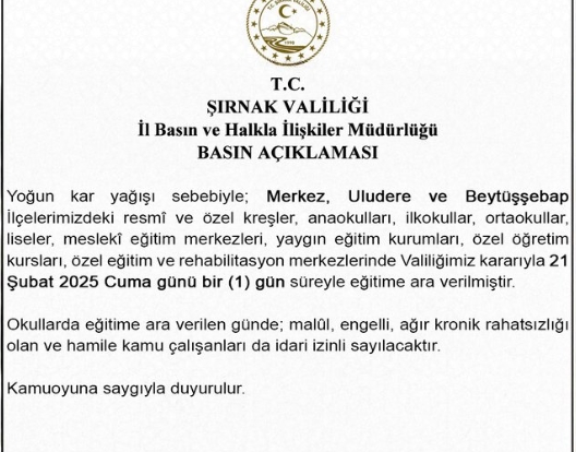 Şırnak okullar tatil mi SON DAKİKA? 21 Şubat Cuma Şırnak okul yok mu (Şırnak Valiliği Açıklaması – KAR TATİLİ)?