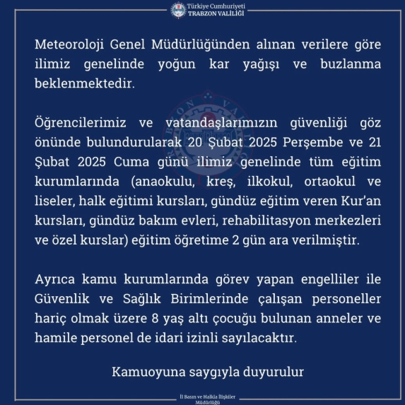 Trabzon okullar tatil mi SON DAKİKA? 21 Şubat Cuma Trabzon okul yok mu (Trabzon Valiliği Açıklaması – KAR TATİLİ)? Trabzon okullar tatil mi SON DAKİKA? 21 Şubat Cuma Trabzon okul yok mu (Trabzon Valiliği Açıklaması – KAR TATİLİ)?
