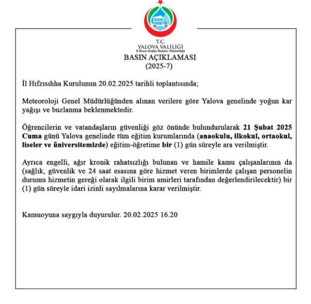 Yalova'da okullar tatil mi SON DAKİKA? 21 Şubat Cuma Yalova'da okul yok mu? (Yalova Valiliği)