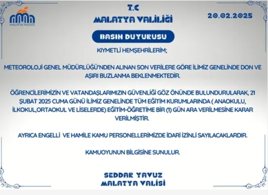 Malatya okullar tatil mi SON DAKİKA? 21 Şubat Cuma Malatya okul yok mu (Malatya Valiliği Açıklaması – KAR TATİLİ)?