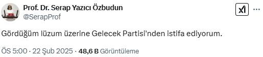 She was one of the founders of the Future Party! Serap Yazıcı resigned