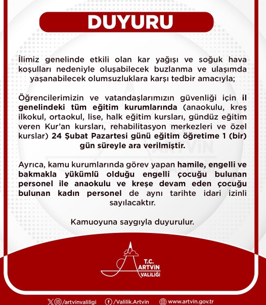 Artvin okullar tatil mi SON DAKİKA? 24 Şubat Pazar Artvin okul yok mu (Artvin Valiliği Açıklaması – KAR TATİLİ)?