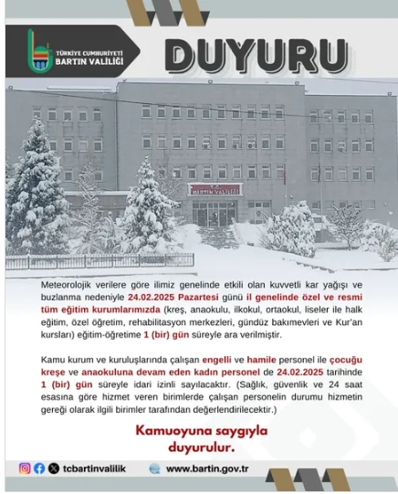 Bartın okullar tatil mi SON DAKİKA? 24 Şubat Pazar Bartın okul yok mu (Bartın Valiliği Açıklaması – KAR TATİLİ)? Bartın okullar tatil mi SON DAKİKA? 24 Şubat Pazar Bartın okul yok mu (Bartın Valiliği Açıklaması – KAR TATİLİ)?