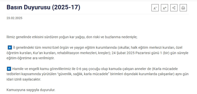 Ordu okullar tatil mi SON DAKİKA? 24 Şubat Pazar Ordu okul yok mu (Ordu Valiliği Açıklaması – KAR TATİLİ)?