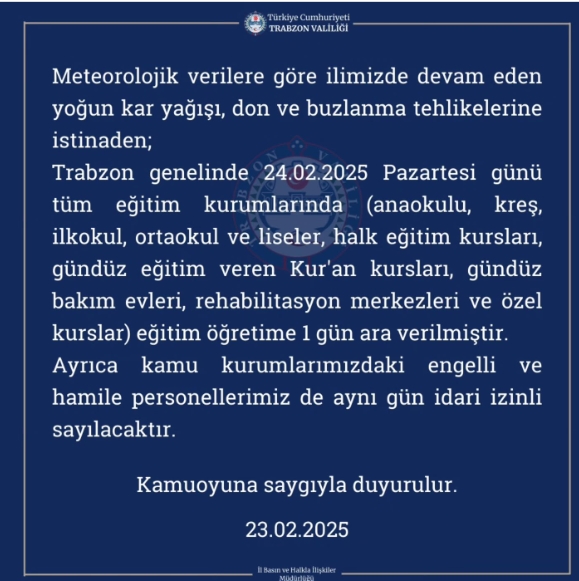 Trabzon okullar tatil mi SON DAKİKA? 24 Şubat Pazar Trabzon okul yok mu (Trabzon Valiliği Açıklaması – KAR TATİLİ)?