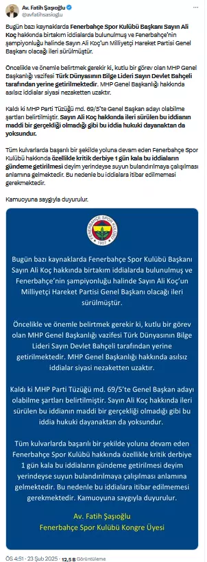 Response from Fenerbahçe to the claim that Ali Koç will become the MHP chairman