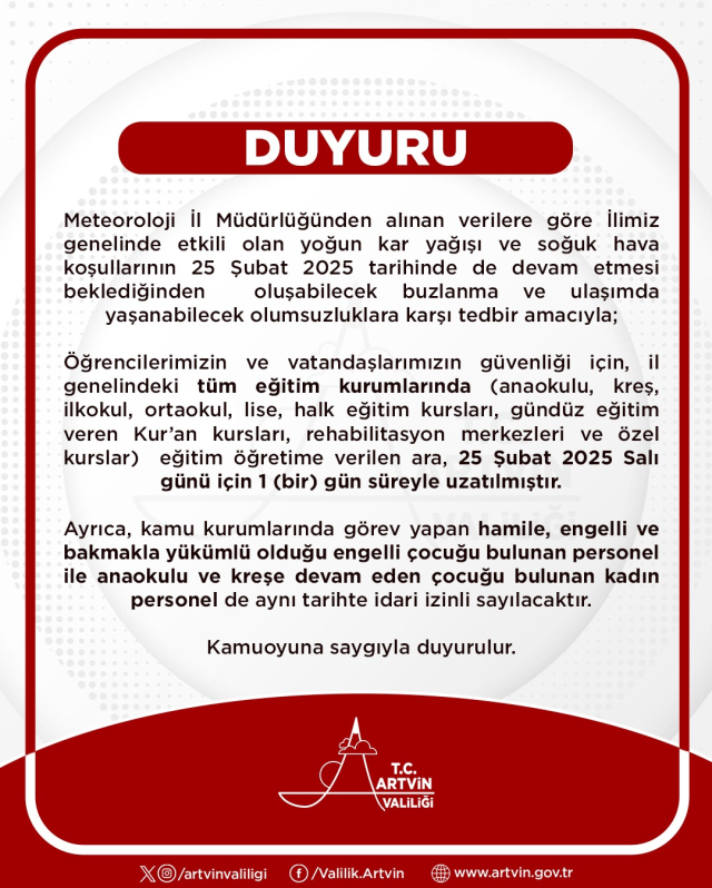 Artvin okullar tatil mi SON DAKİKA? 25 Şubat Salı Artvin okul yok mu (Artvin Valiliği Açıklaması – KAR TATİLİ)?