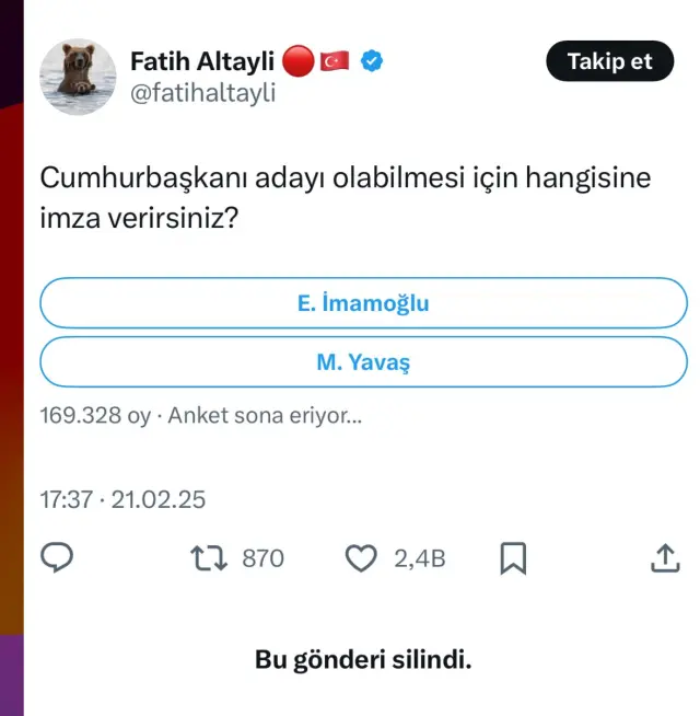 Fatih Altaylı's Yavaş-İmamoğlu poll! It drew reactions when deleted