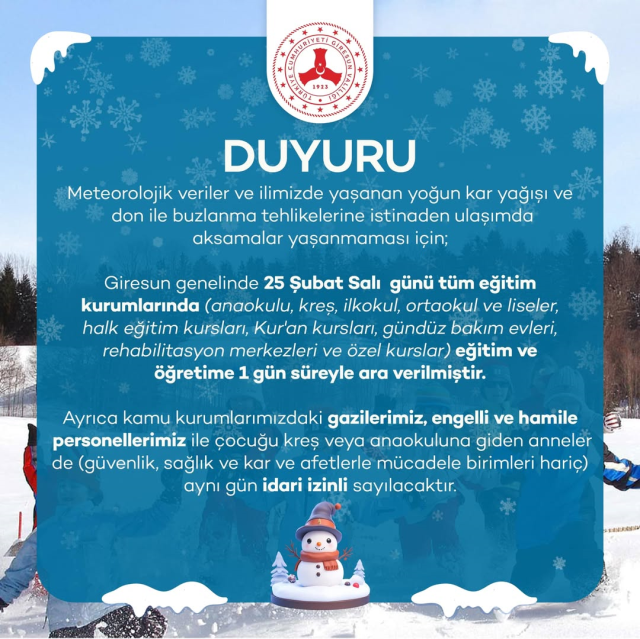 Giresun okullar tatil mi SON DAKİKA? 25 Şubat Salı Giresun okul yok mu (Giresun Valiliği Açıklaması – KAR TATİLİ)?