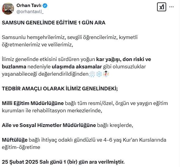 Samsun okullar tatil mi SON DAKİKA? 25 Şubat Salı Samsun okul yok mu (Samsun Valiliği Açıklaması – KAR TATİLİ)?
