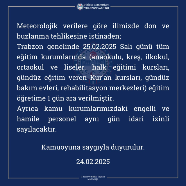 Trabzon okullar tatil mi SON DAKİKA? 25 Şubat Salı Trabzon okul yok mu (Trabzon Valiliği Açıklaması – KAR TATİLİ)?
