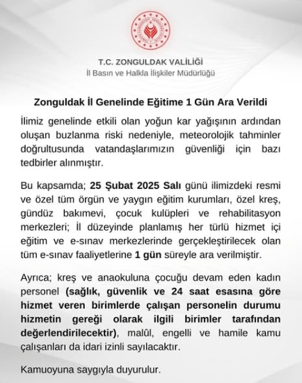 Zonguldak okullar tatil mi SON DAKİKA? 25 Şubat Salı Zonguldak okul yok mu (Zonguldak Valiliği Açıklaması – KAR TATİLİ)?