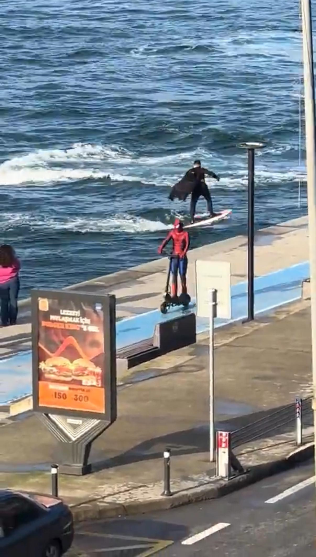 Batman surfed, Spider Man used a scooter