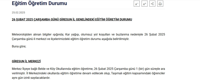 Giresun okullar tatil mi SON DAKİKA? 26 Şubat Çarşamba Giresun okul yok mu (Giresun Valiliği Açıklaması – KAR TATİLİ)?