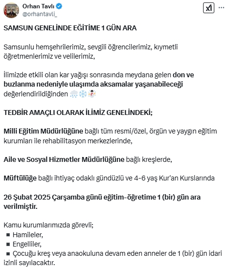 Samsun okullar tatil mi SON DAKİKA? 26 Şubat Çarşamba Samsun okul yok mu (Samsun Valiliği Açıklaması – KAR TATİLİ)?