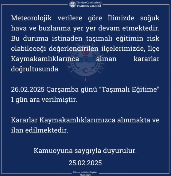 Trabzon okullar tatil mi SON DAKİKA? 26 Şubat Çarşamba Trabzon okul yok mu (Trabzon Valiliği Açıklaması – KAR TATİLİ)?