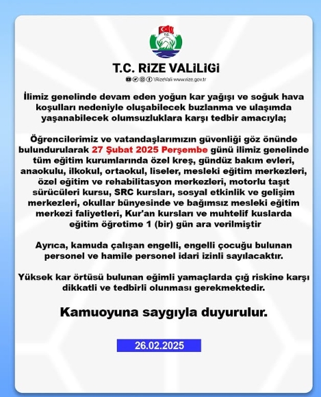 Rize okullar tatil mi? 27 Şubat Perşembe Rize okullar yok mu? (Rize VALİLİĞİ KAR TATİLİ AÇIKLAMASI!)