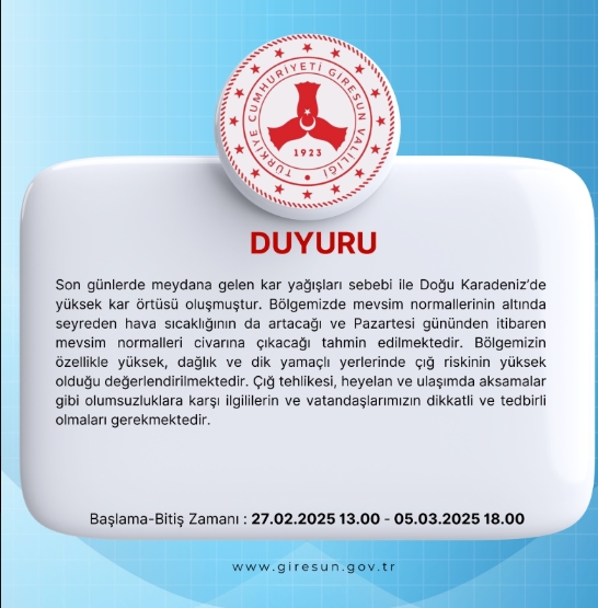 Giresun okullar tatil mi? 28 Şubat Cuma Giresun okullar yok mu? (Giresun VALİLİĞİ KAR TATİLİ AÇIKLAMASI!)