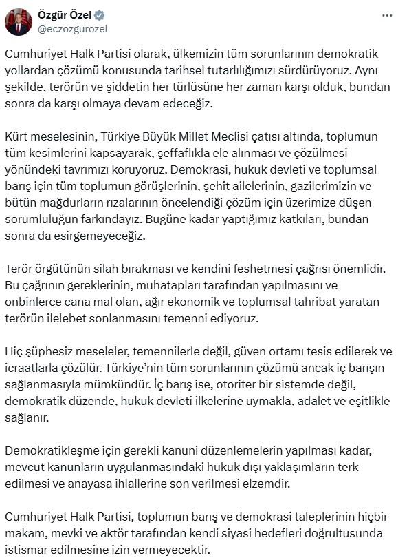 First statement from Özgür Özel regarding Öcalan's call