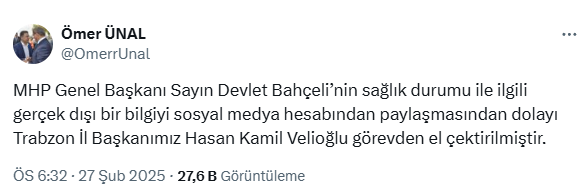 'The chairman of the Future Party who said Bahçeli has passed away was dismissed by his party'