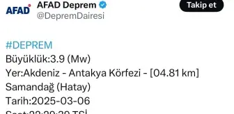 Hatay'da 3.9 Büyüklüğünde Deprem