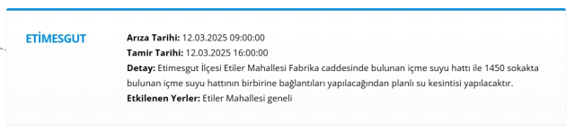 Ankara ETİMESGUT su kesintisi! 12-13 Mart ASKİ Etimesgut su kesintisi ne zaman bitecek, sular ne zaman gelecek?