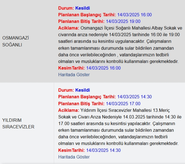 Bursa BUSKİ su kesintisi! 14-15 Mart Bursa'da su kesintisi ne zaman bitecek, sular ne zaman gelecek?