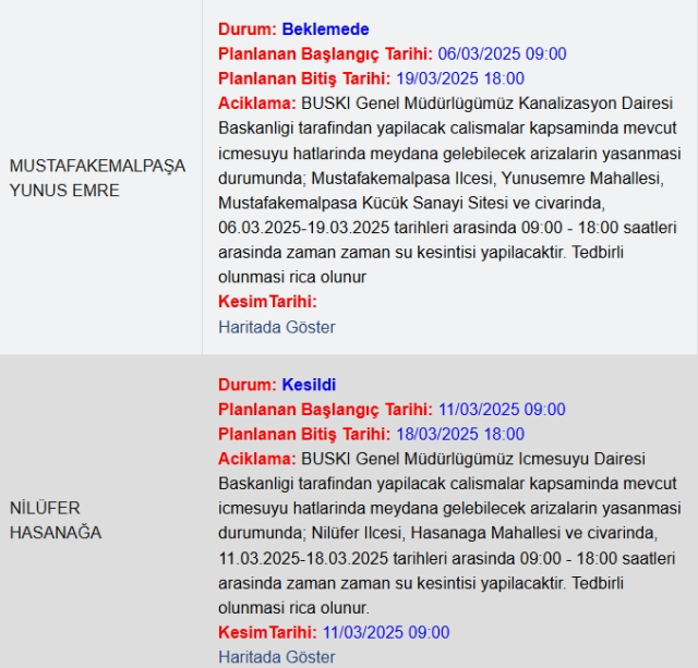 Bursa BUSKİ su kesintisi! 15-16 Mart Bursa'da su kesintisi ne zaman bitecek, sular ne zaman gelecek?